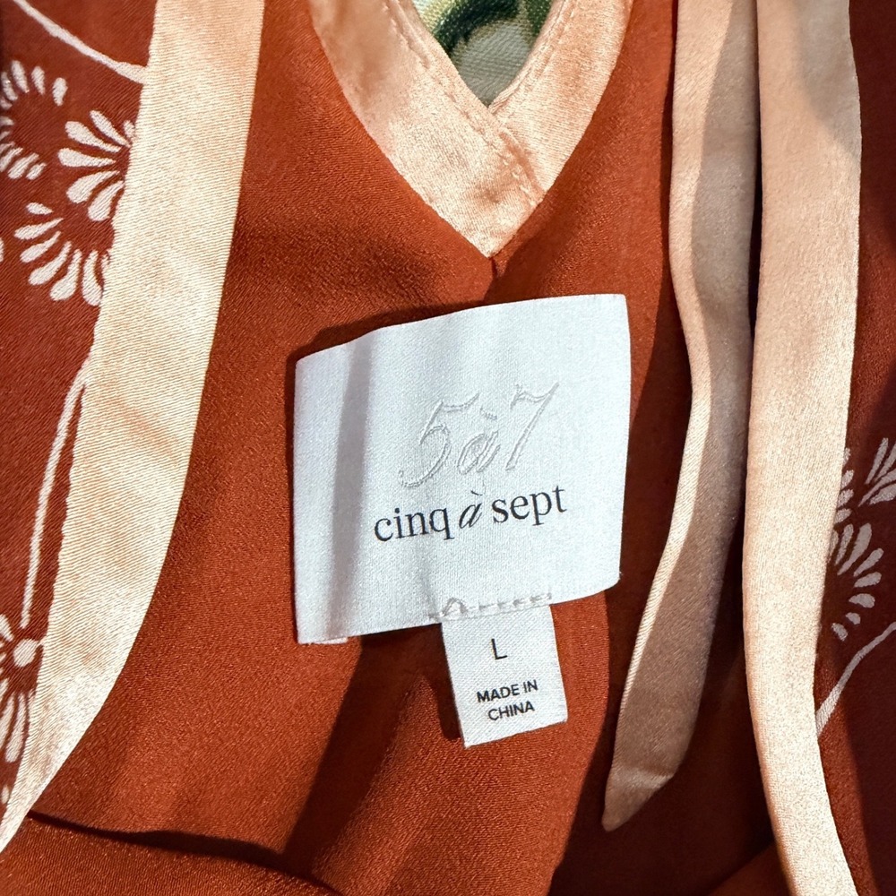 Cinq a Sept Rust & Pale pink Floral 100% Silk Tie Back Flutter Sleeve Blouse L - Picture 4 of 8